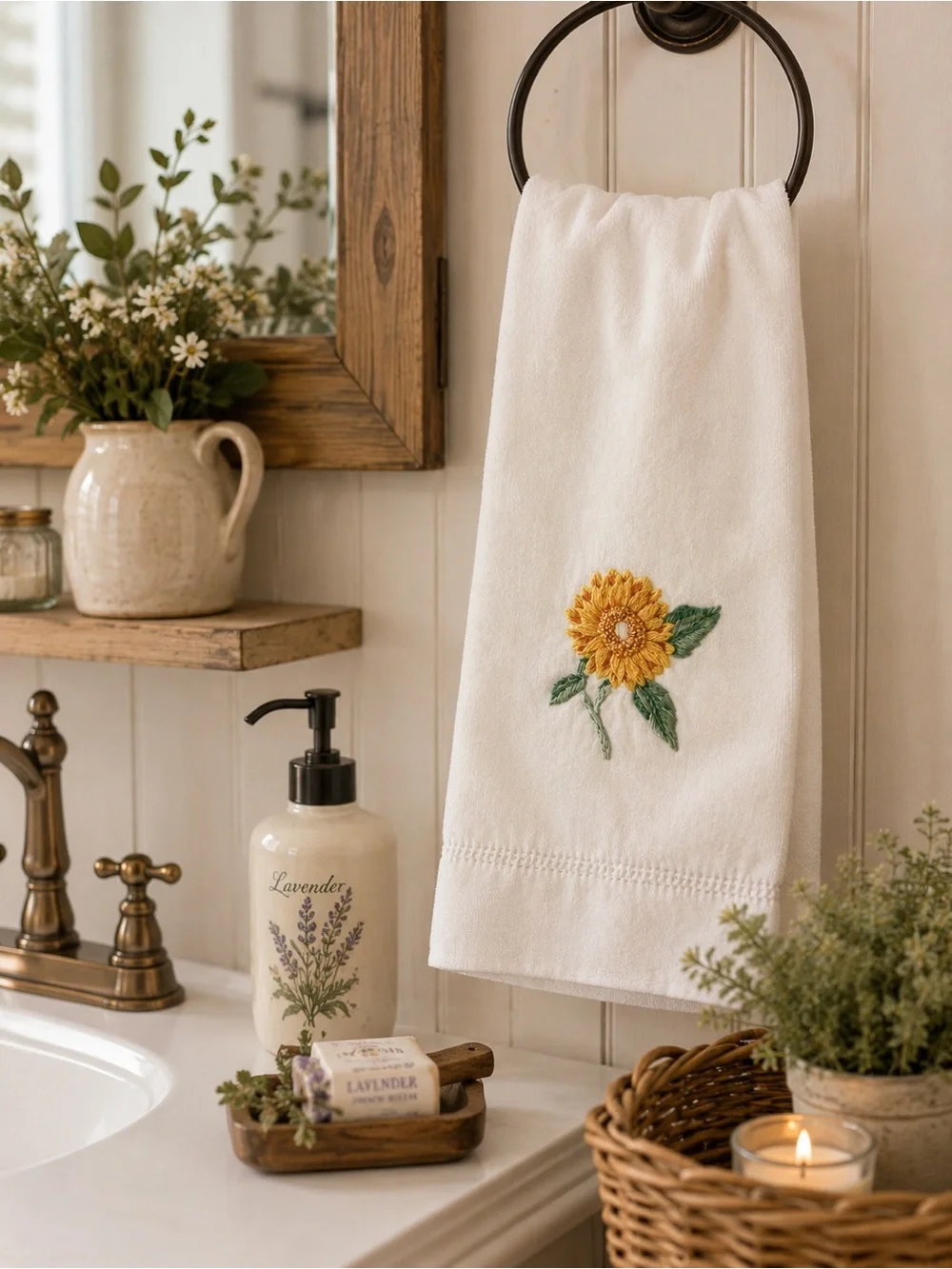 Vintage Embroidered Sunflower Hand Towel - White